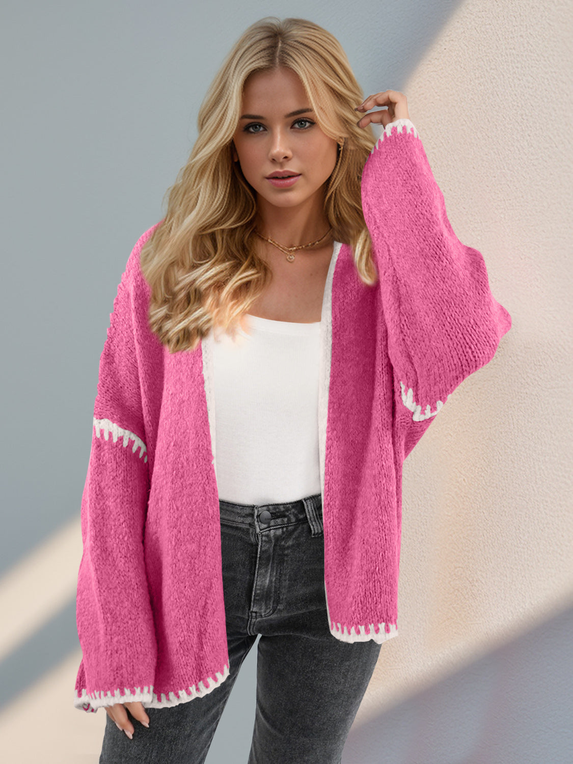 The Kimberly Double Take Contrast Open Front Dropped Shoulder Cardigan