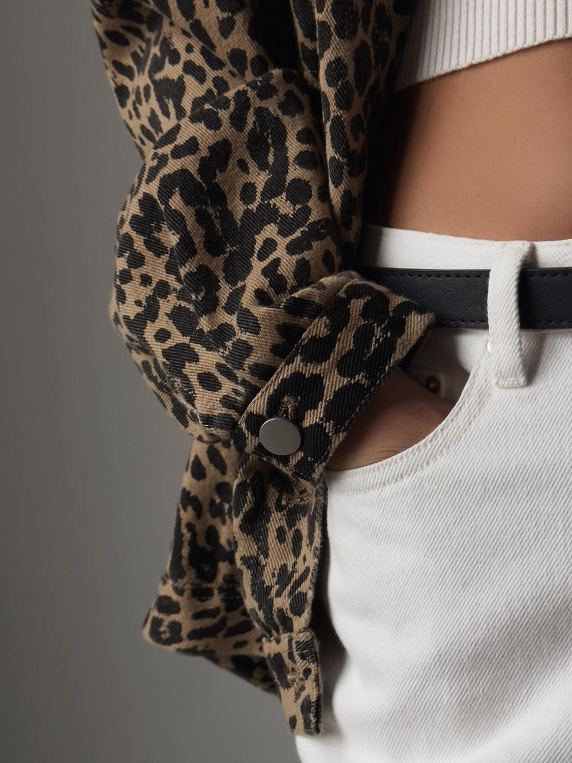 The Deja Leopard Button Up Long Sleeve Denim Top