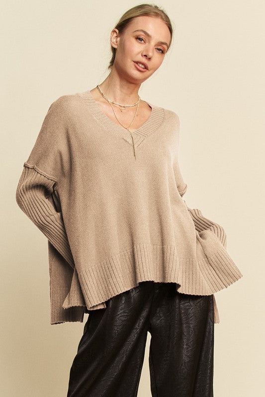 The Kathi Ribbed Side Slit V-Neck Sweater