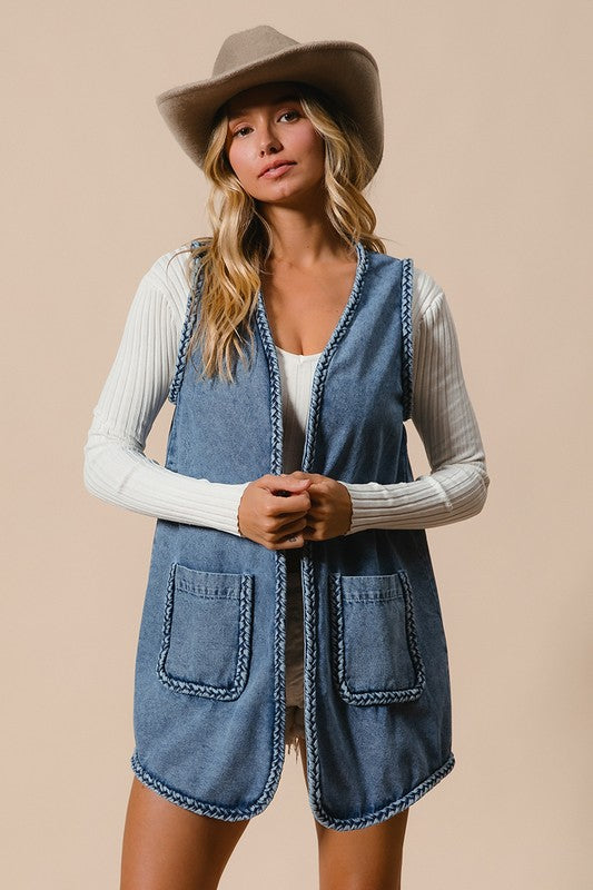 The Loriel Braided Trim Open Front Denim Vest with Pockets