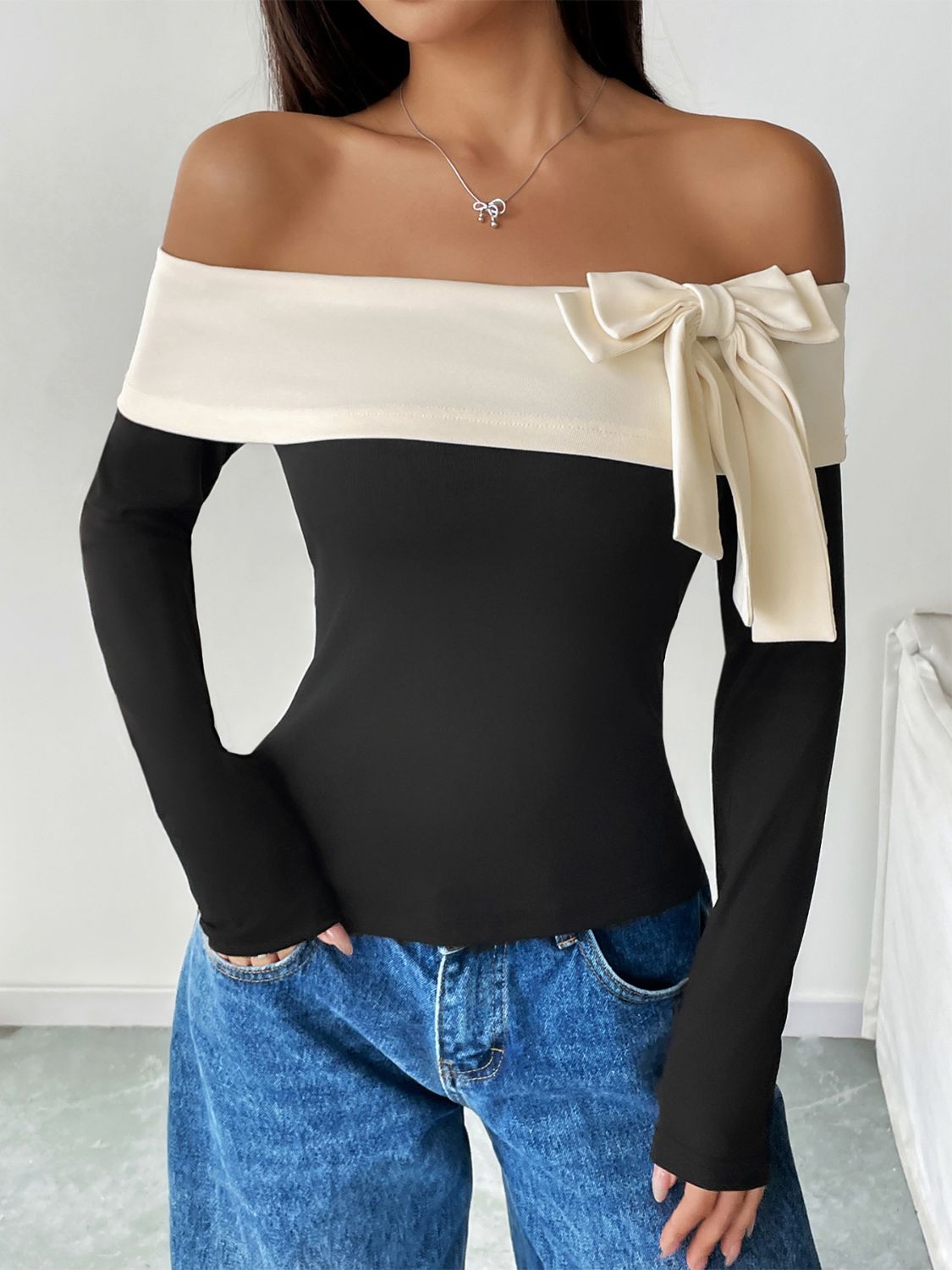 The Bella Bow Contrast Off-Shoulder Long Sleeve Top