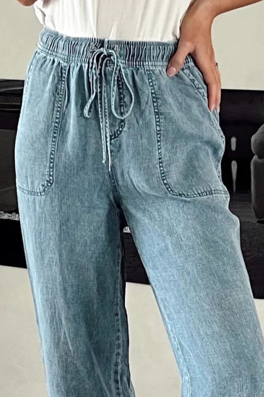 27502 Drawstring High Waist Jeans with Pockets