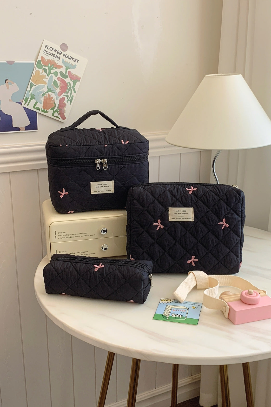 The Bella 3 Piece Bow Quilted Cloth Storage Bag Set