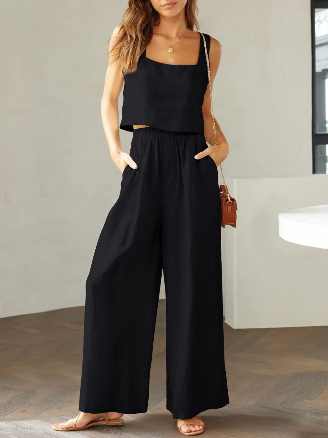 The Stephanie Square Neck Top and Wide Leg Pants Set