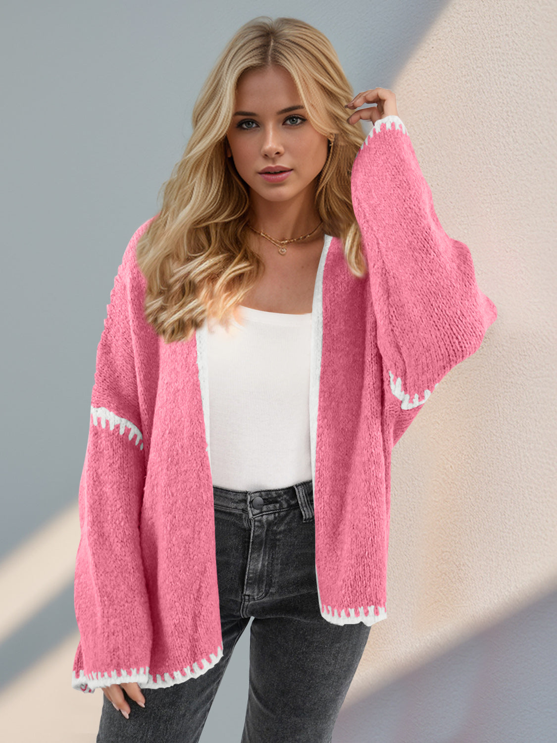 The Kimberly Double Take Contrast Open Front Dropped Shoulder Cardigan