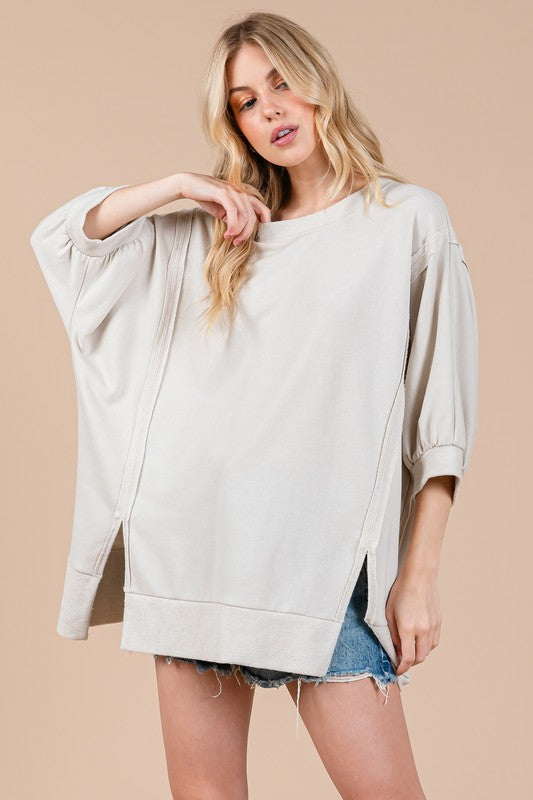 The Kathy Ces Femme Side Slit Drop Shoulder Puff Sleeve Sweatshirt