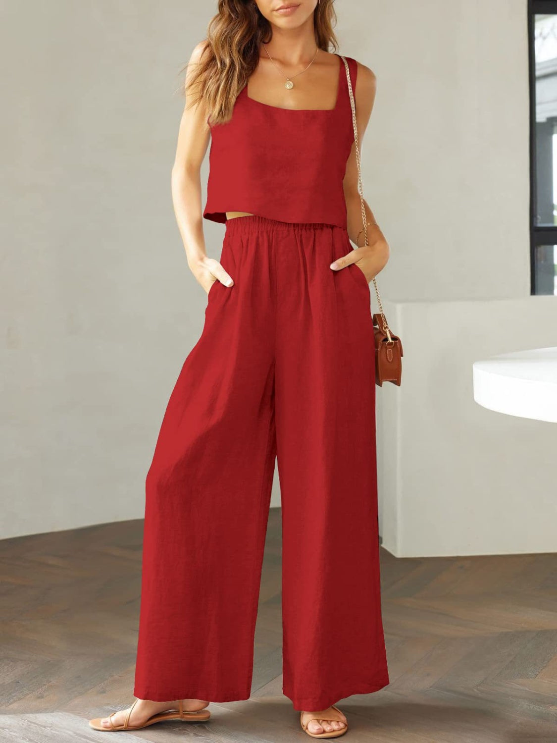 The Stephanie Square Neck Top and Wide Leg Pants Set