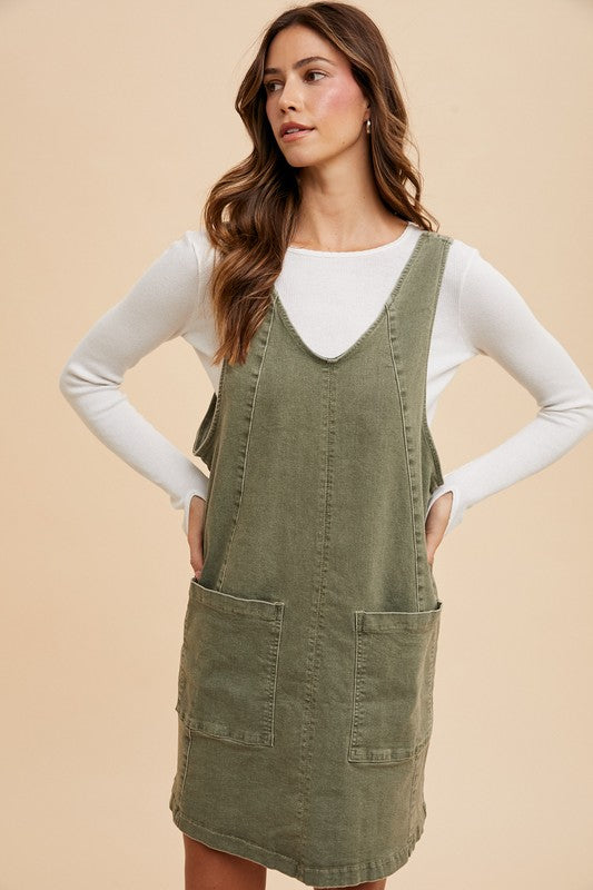 The Jenny V-Neck Adjustable Strap Denim Overall Dress with Pockets