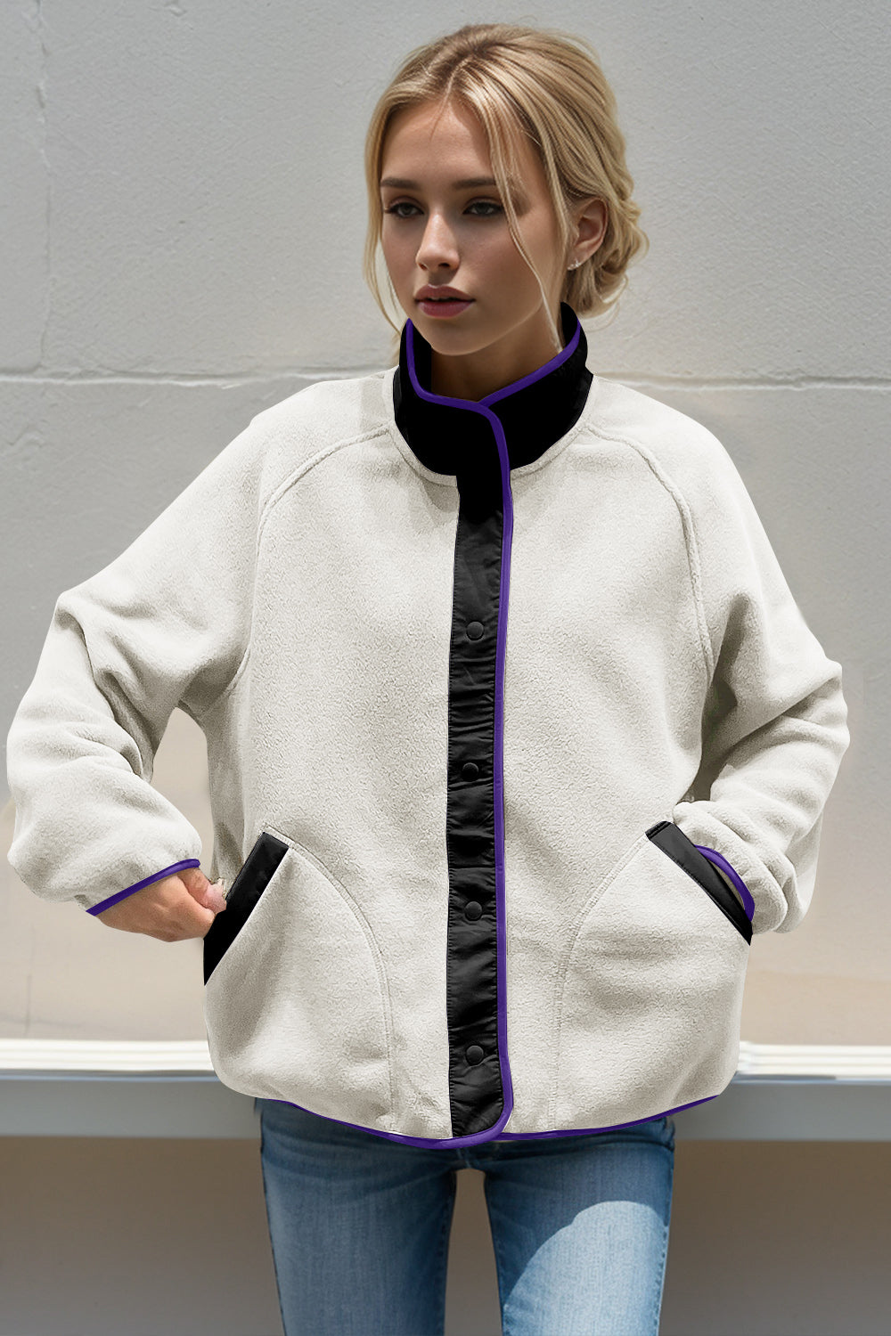 The Zoe Snap Down Contrast Fleece Jacket with Pockets