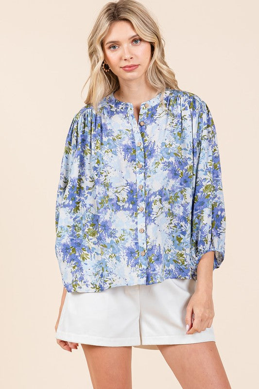 The Beth Flower Print Batwing Sleeve Button Down Blouse