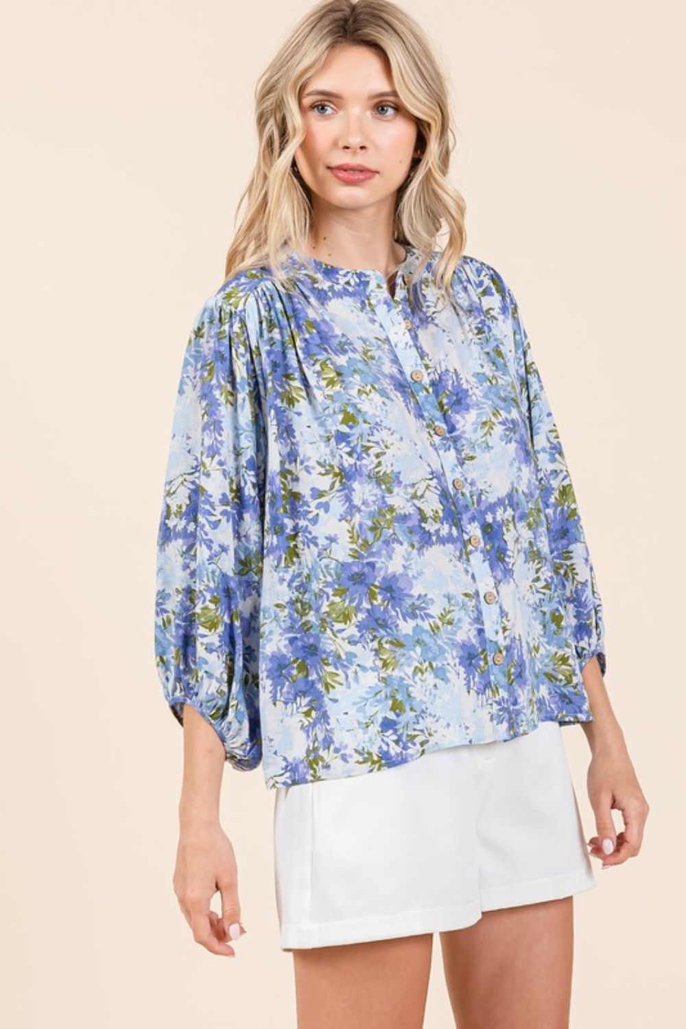 The Beth Flower Print Batwing Sleeve Button Down Blouse