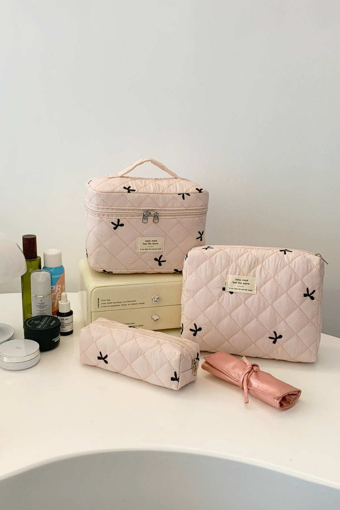 The Bella 3 Piece Bow Quilted Cloth Storage Bag Set