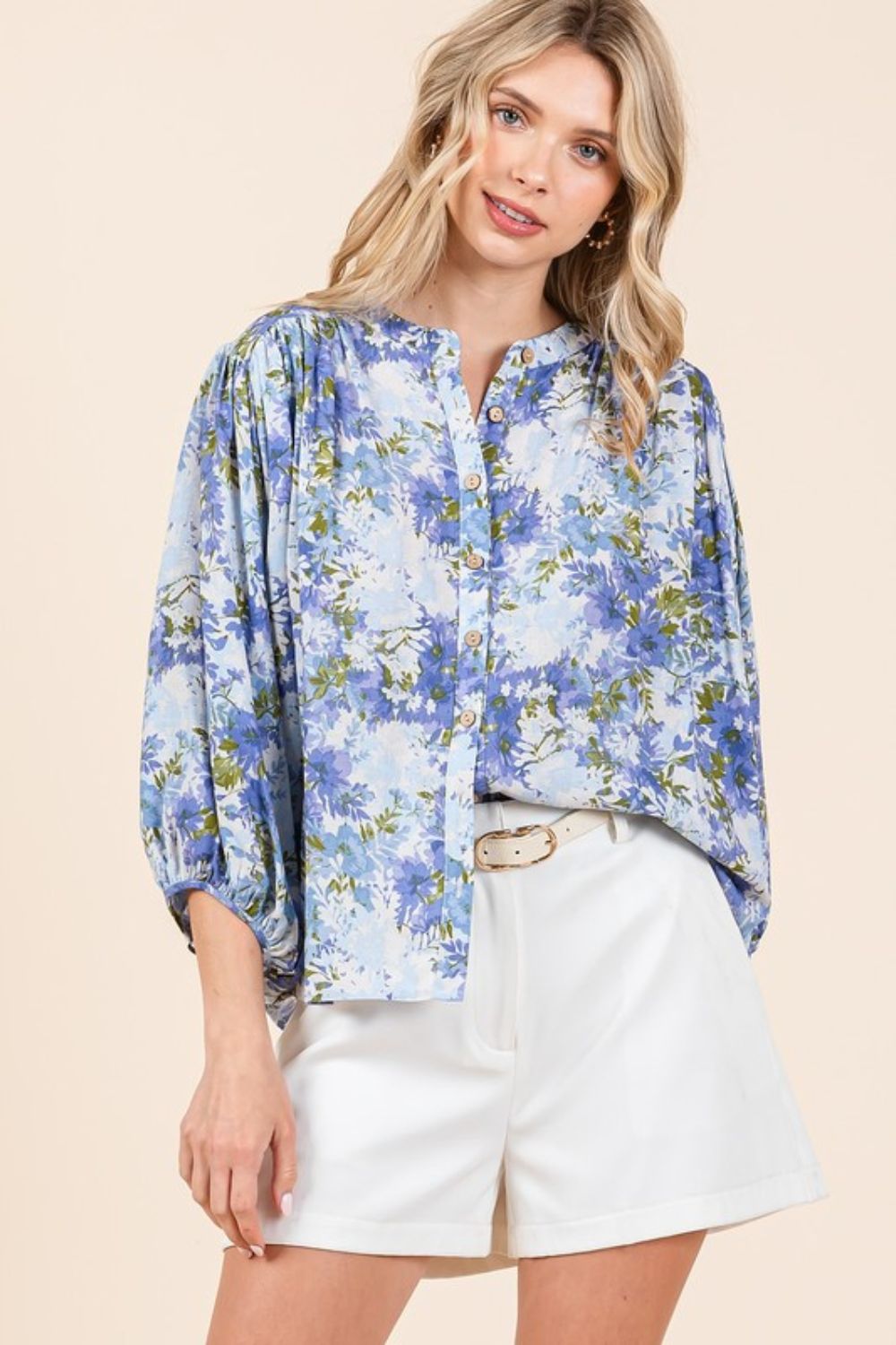 The Beth Flower Print Batwing Sleeve Button Down Blouse