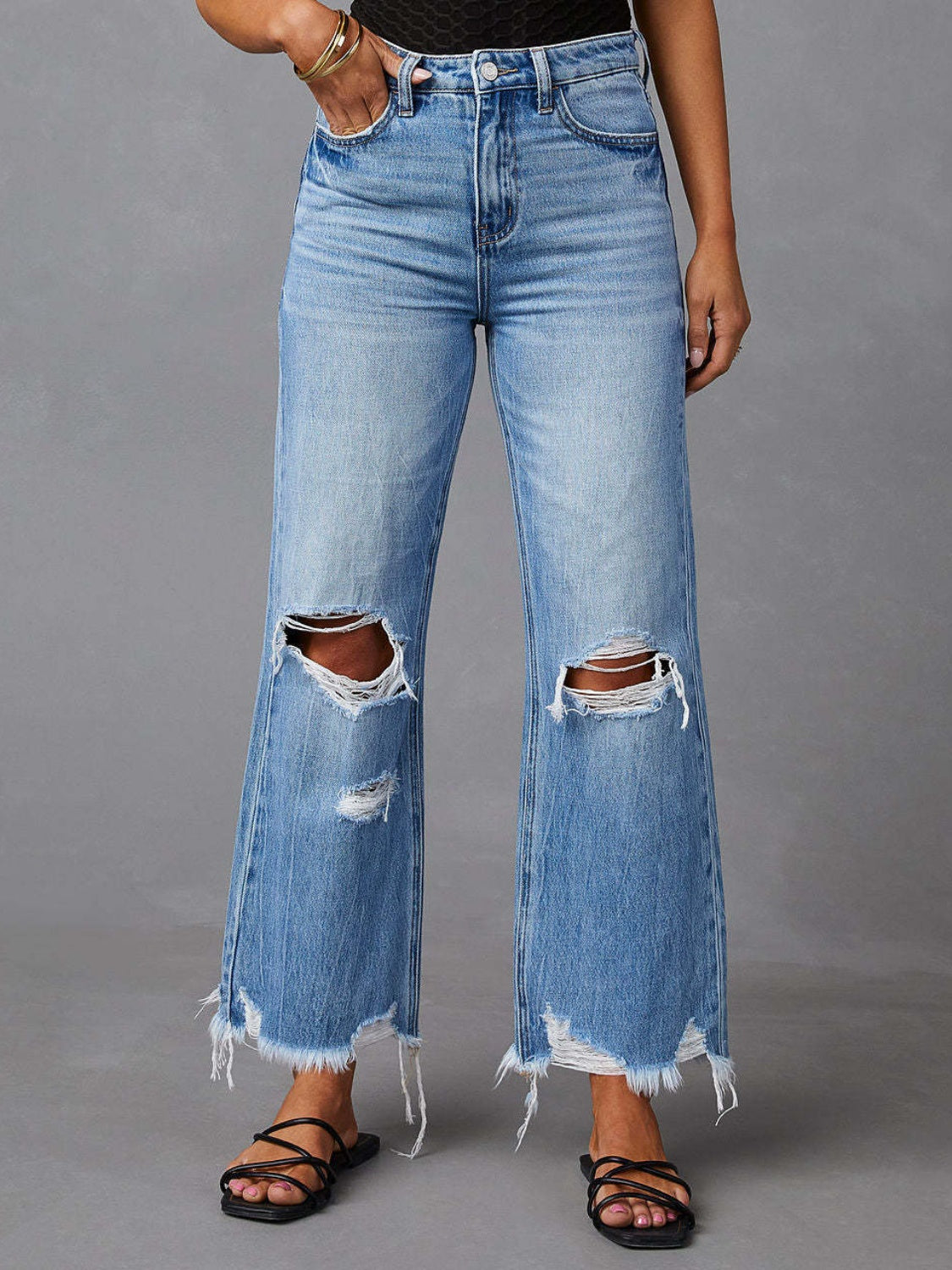 27615 Distressed Raw Hem Jeans with Pockets