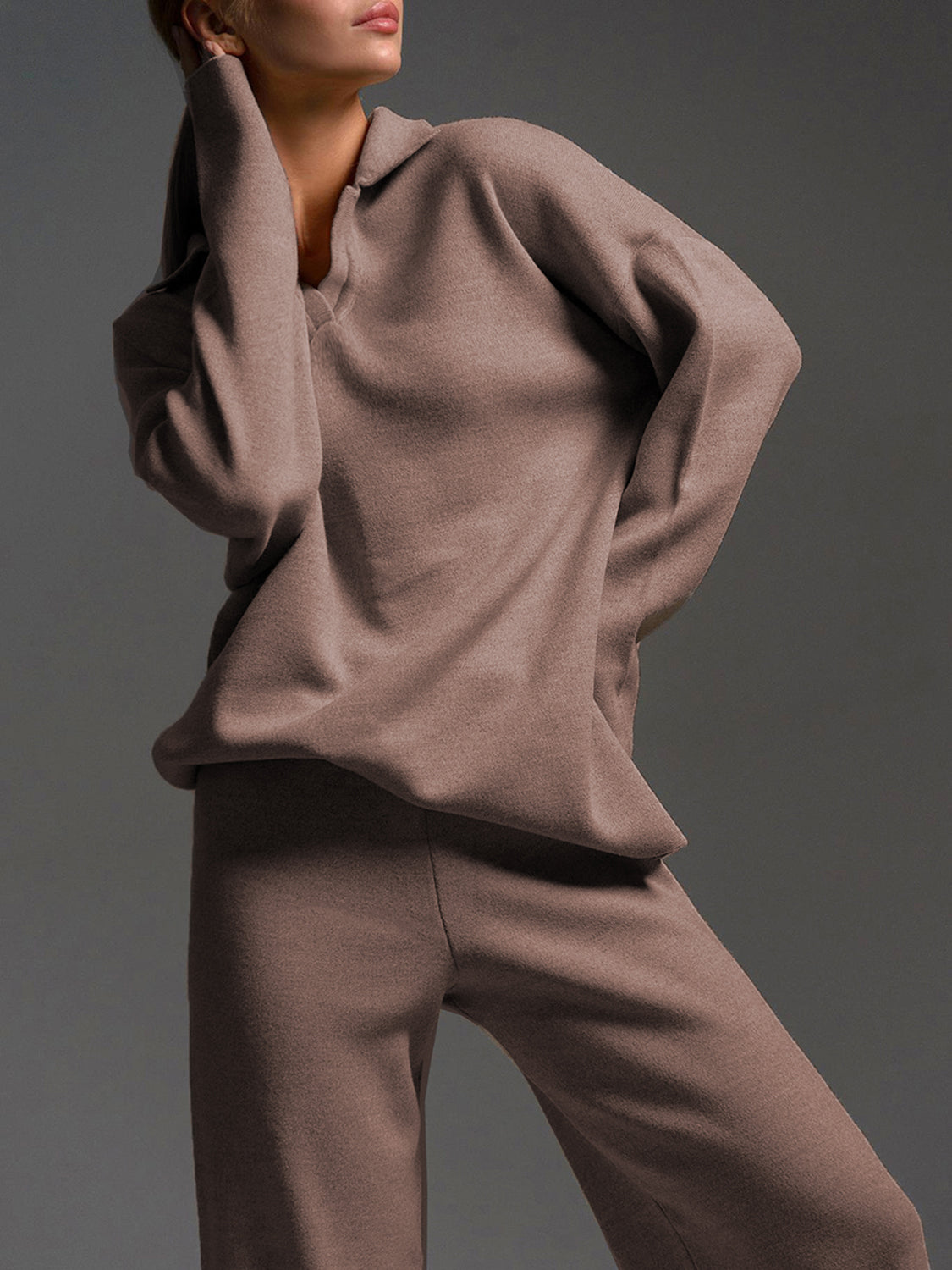 The Delaney Collar Long Sleeve Top and Pants Sweater Set