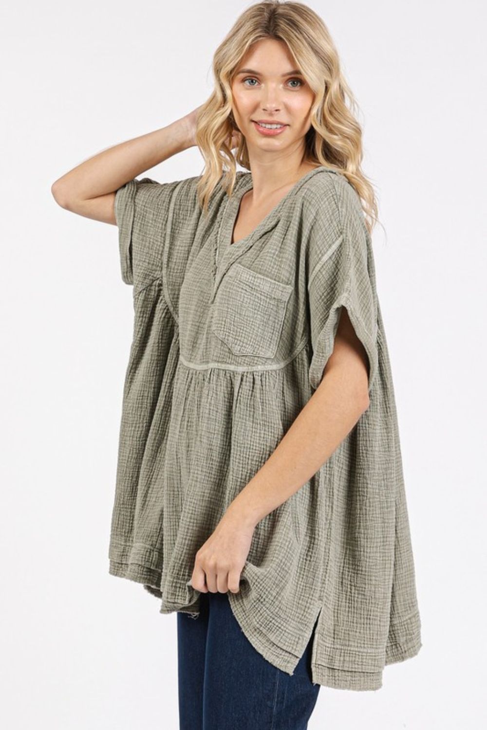 The Whitney Mineral Wash Gauze Babydoll V-Neck Oversized Blouse